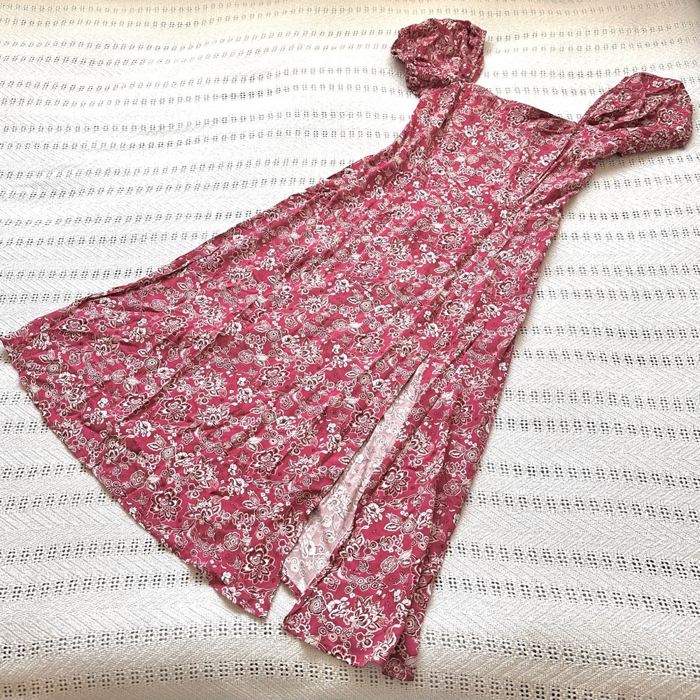 Pink Floral Puff Sleeve midi Dress